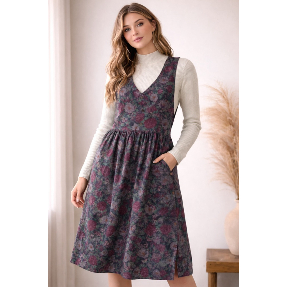 Women's Via Sant Andrea Floral V-Neck Sleeveless Dress Dark Green Burgundy